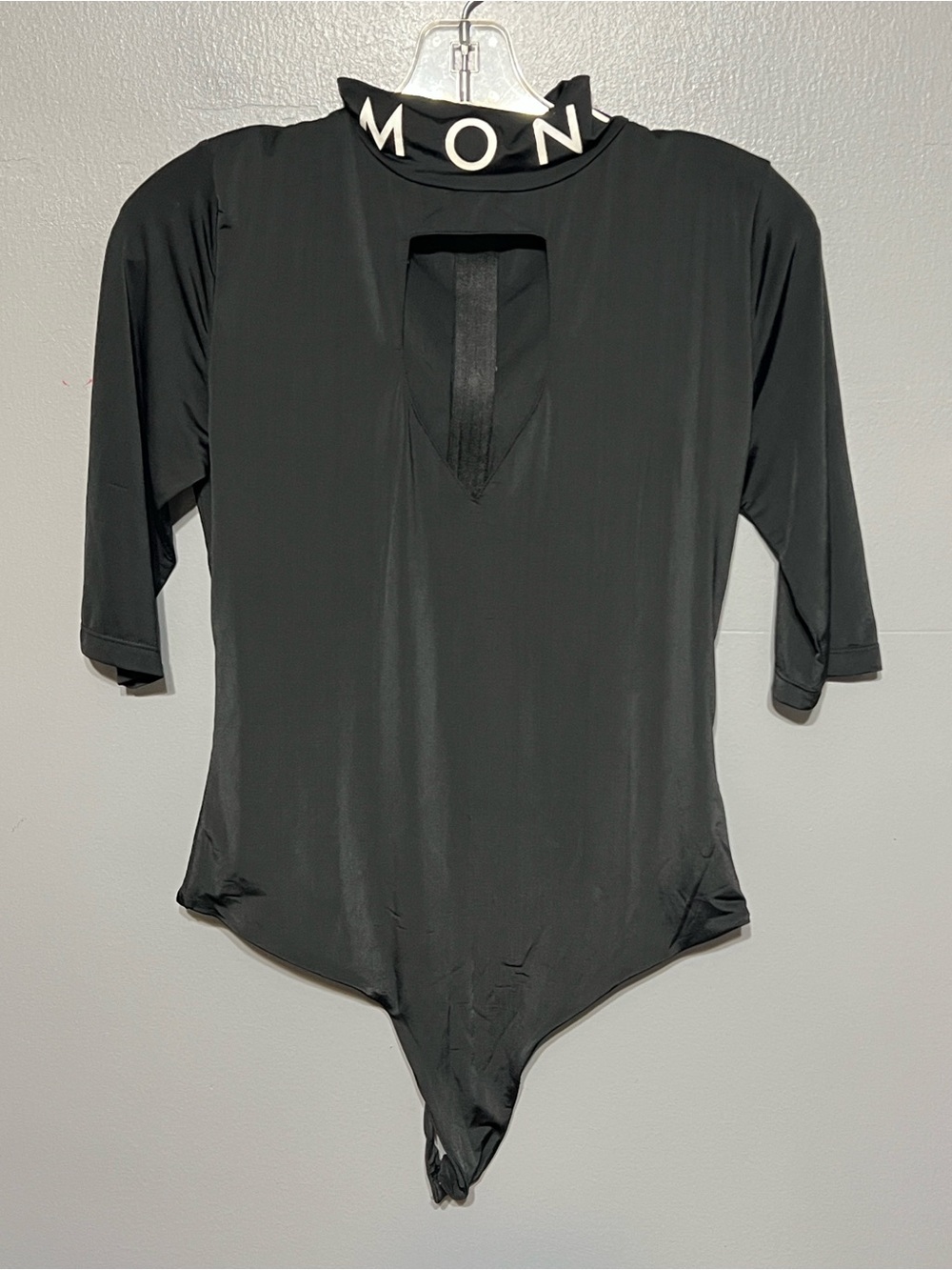 Monat Keyhole Mock Neck Thong Bodysuit Black 3/4 Sleeves Logo Spell-Out Medium